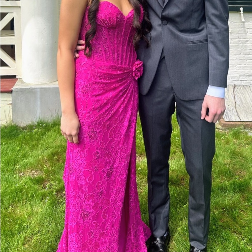Fuchsia Lace Strapless Evening Gown